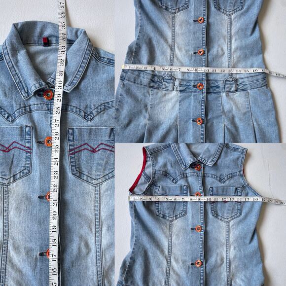 Vtg Y2K Denim Button Up Pleated Mini Dress QZYZ Sleeveless Size L - Picture 8 of 9